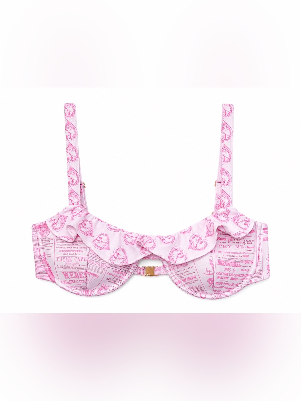 Strawberry Milk Mob Bikini Top Medium Pink Polly Newspaper Print Ruffle Coquette